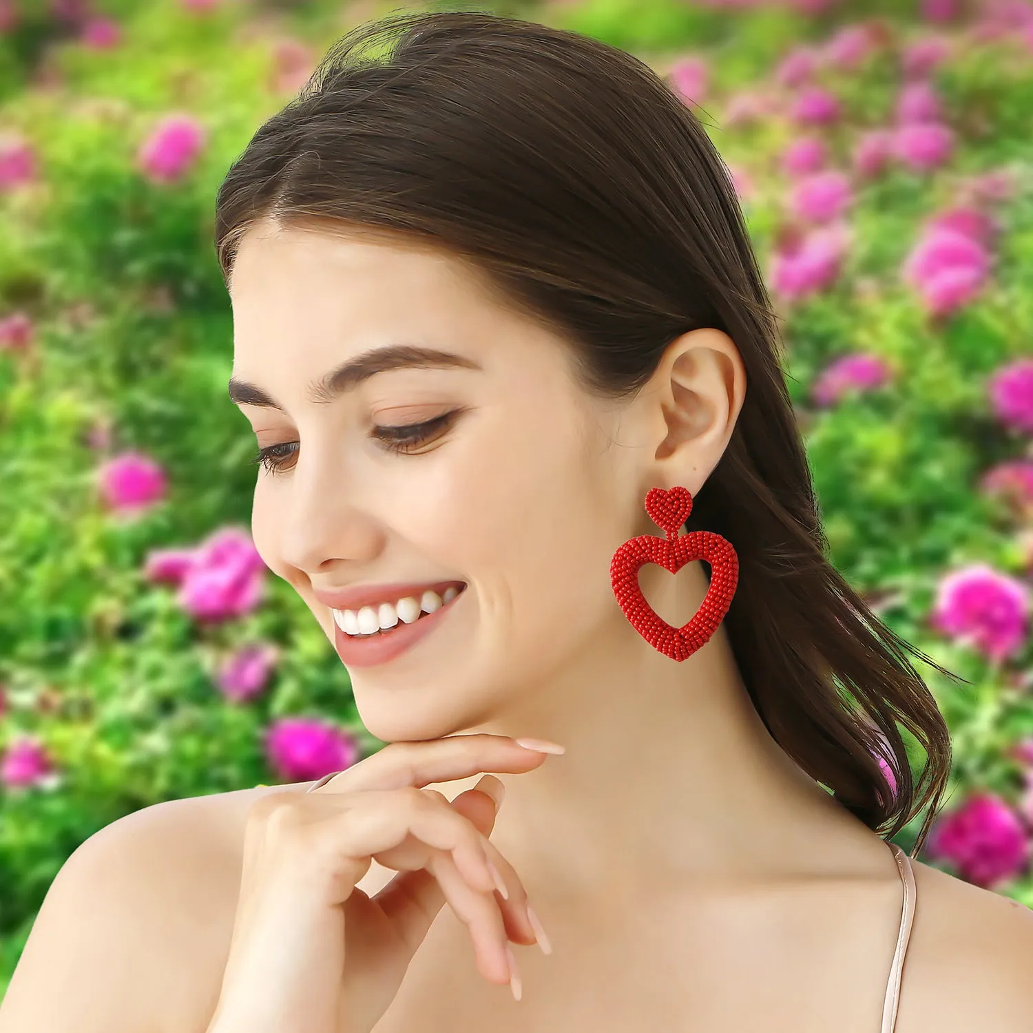 Wholesale Valentine's Day Handwoven Heart Shape Rice Beads Red Earrings