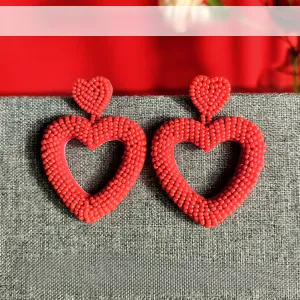 Wholesale Valentine's Day Handwoven Heart Shape Rice Beads Red Earrings