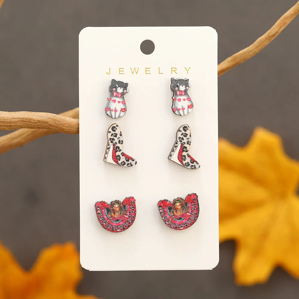Wholesale Valentine's Day High Heels, Kitten Wooden Earrings