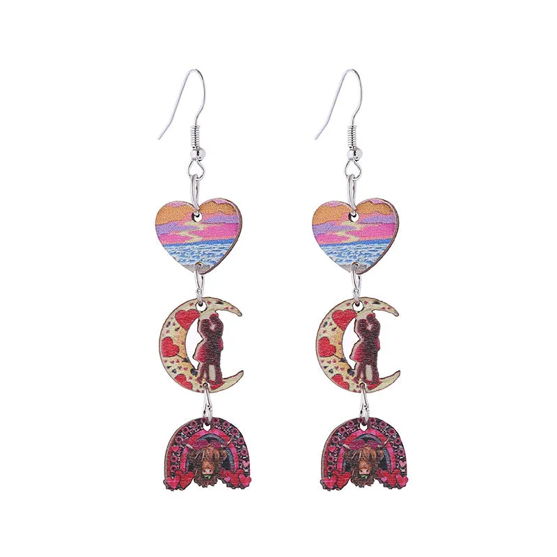 Wholesale Valentine's Day Love Boots Cat Cowboy Hat Wooden Earrings
