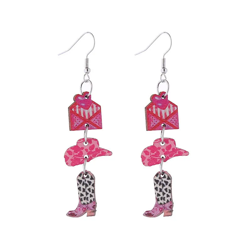 Wholesale Valentine's Day Love Boots Cat Cowboy Hat Wooden Earrings