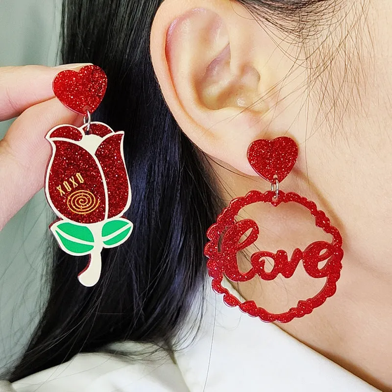 Wholesale Valentine's Day Love Red Lip Rose Flower Acrylic Earrings