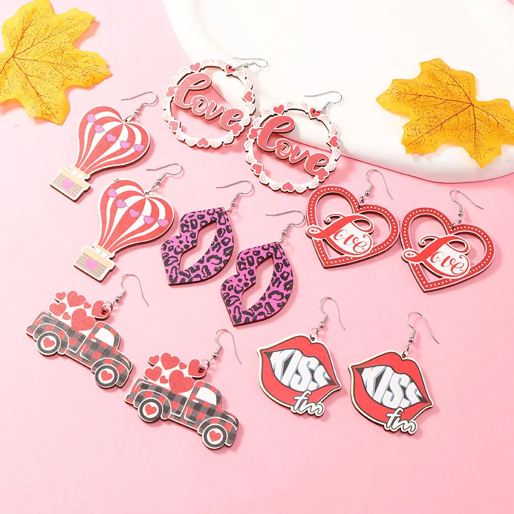 Wholesale Valentine's Day Love Truck Balloon Red Lip Wooden Earrings