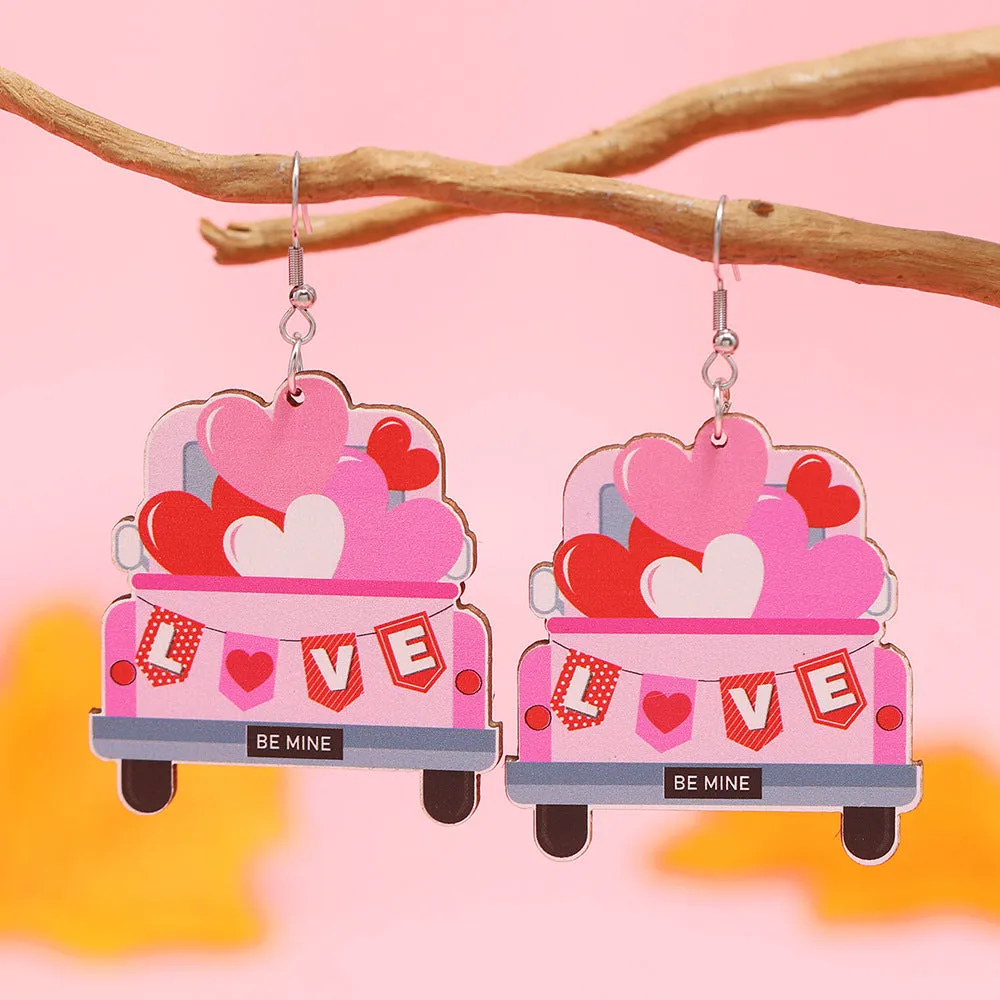 Wholesale Valentine's Day Love Truck Love Letter Printed Wooden Earrings