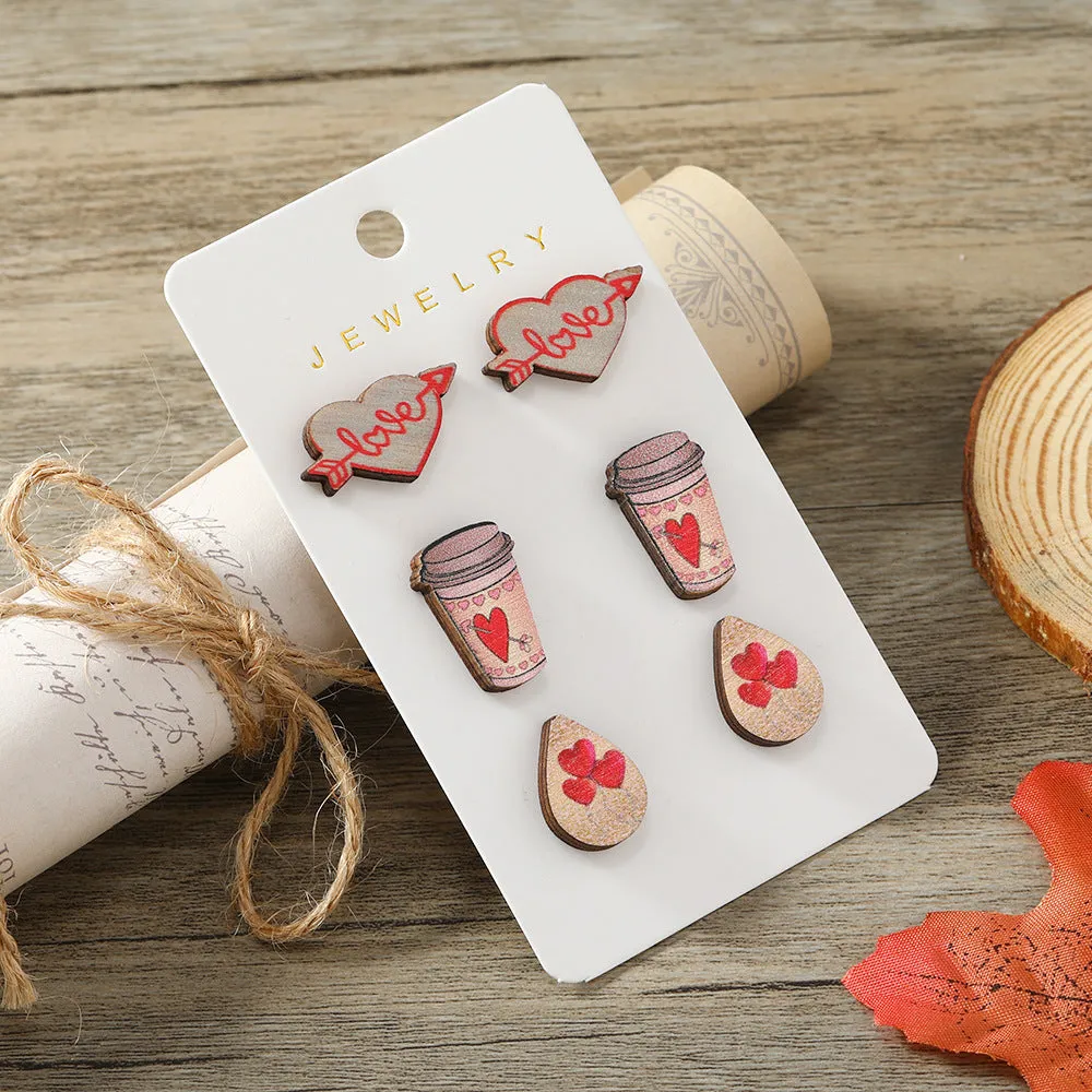 Wholesale Valentine's Day One Arrow Heart Piercing Printed Wooden Earrings