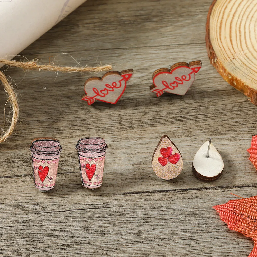 Wholesale Valentine's Day One Arrow Heart Piercing Printed Wooden Earrings