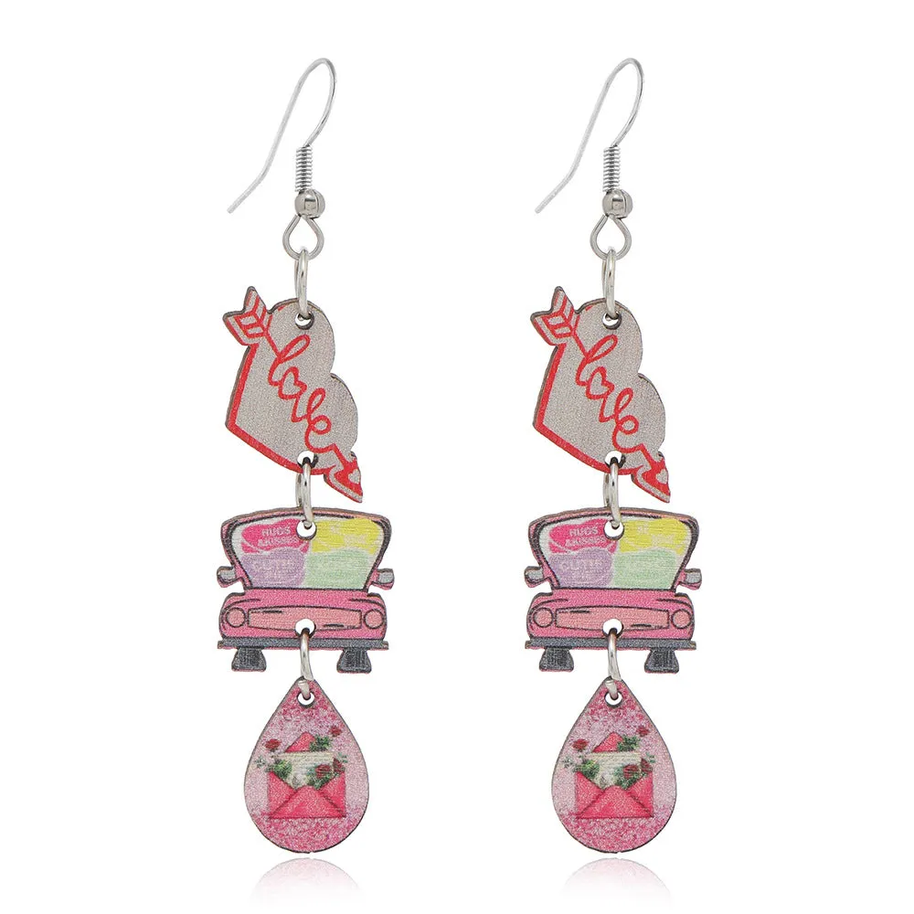 Wholesale Valentine's Day One Arrow Heart Piercing Truck Printed Wooden Earrings