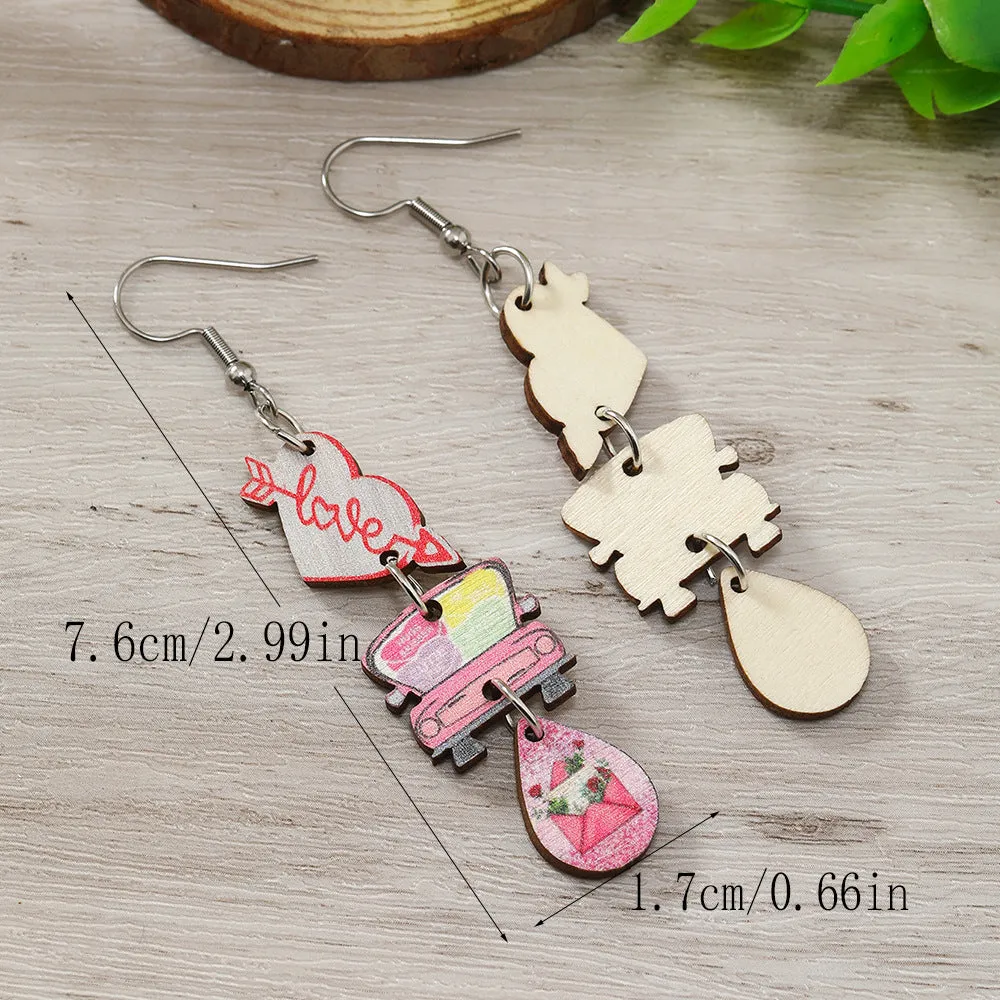 Wholesale Valentine's Day One Arrow Heart Piercing Truck Printed Wooden Earrings