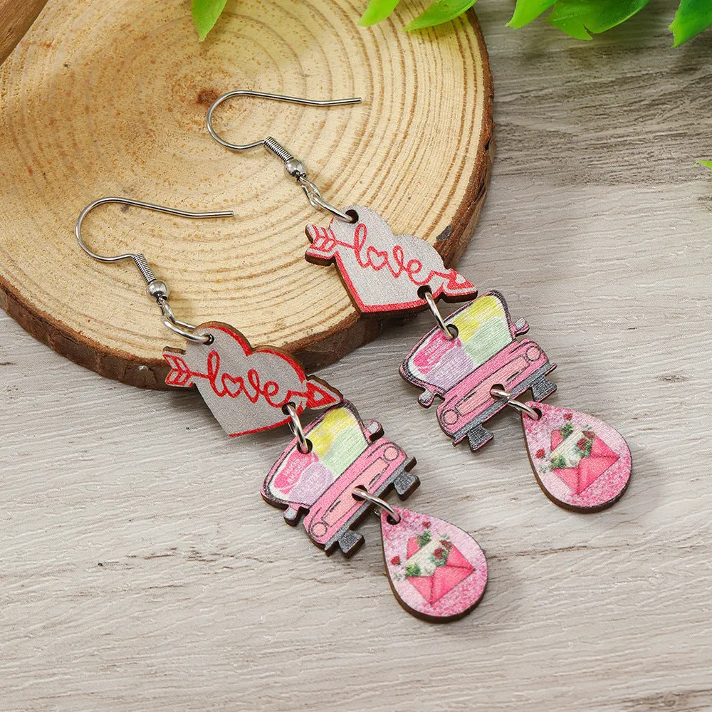 Wholesale Valentine's Day One Arrow Heart Piercing Truck Printed Wooden Earrings