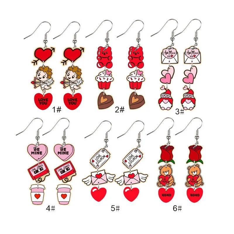 Wholesale Valentine's Day Pink Heart Coffee Cup Cupid Tape Earrings