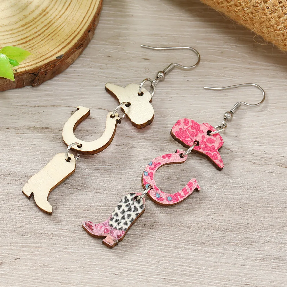 Wholesale Valentine's Day Pink Printed Denim Hats, Horseshoe High Heels, Wooden Earrings