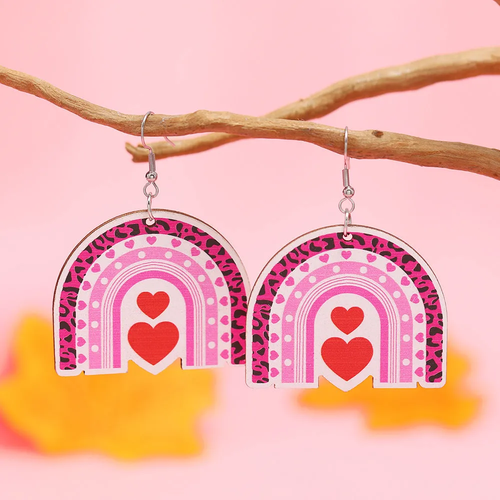 Wholesale Valentine's Day Pink Printed Love Heart-shaped Wooden Earrings