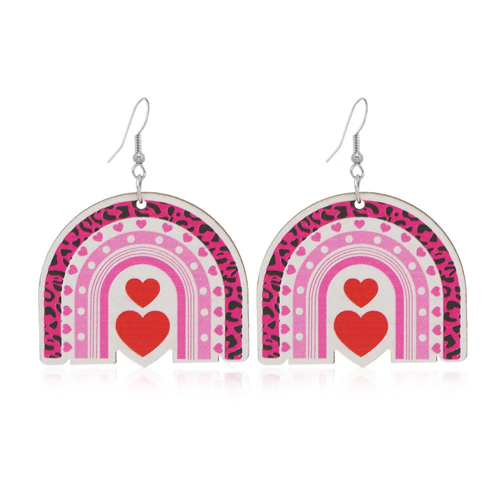Wholesale Valentine's Day Pink Printed Love Heart-shaped Wooden Earrings