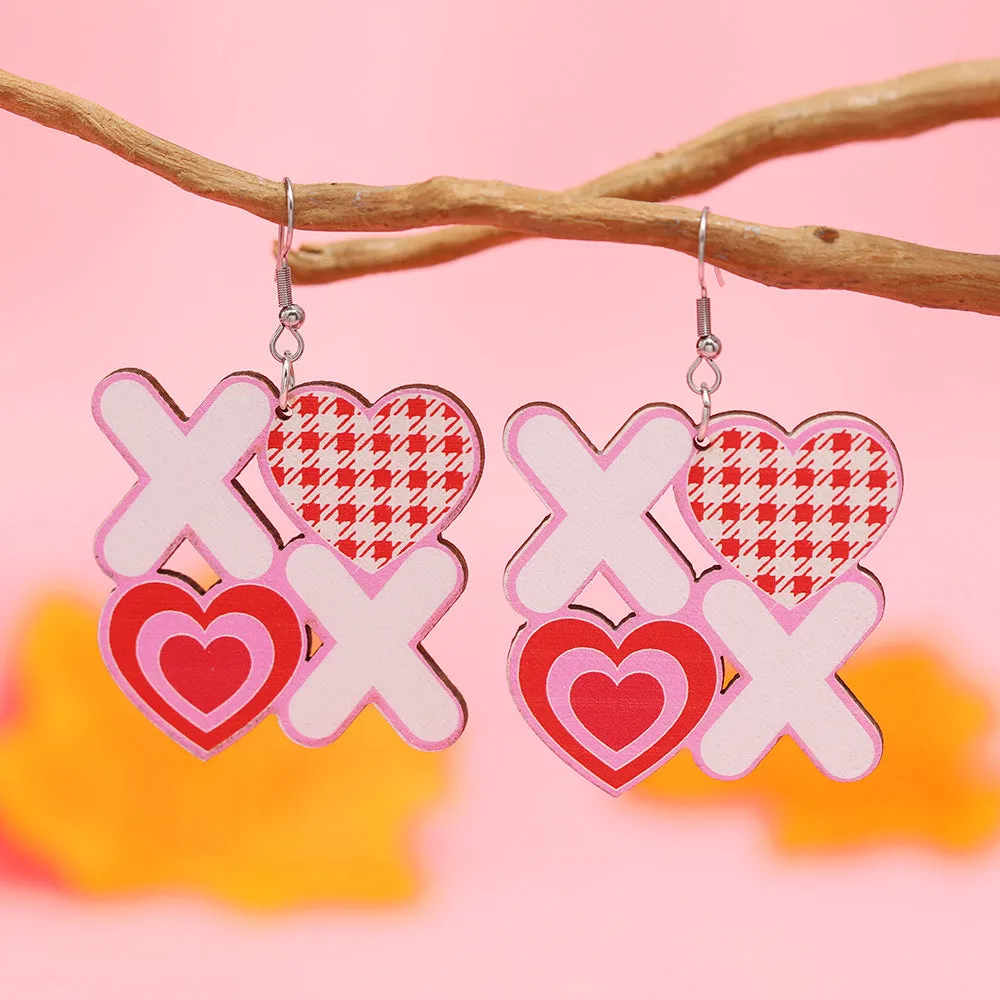 Wholesale Valentine's Day Pink Printed Love Heart-shaped Wooden Earrings