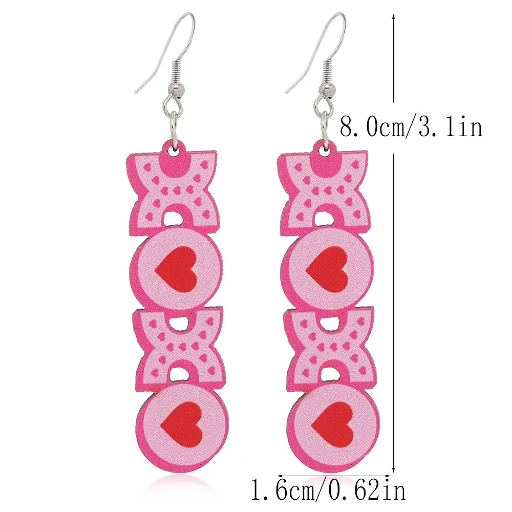Wholesale Valentine's Day Pink Printed Love Heart-shaped Wooden Earrings