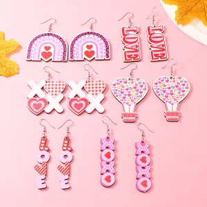 Wholesale Valentine's Day Pink Printed Love Heart-shaped Wooden Earrings
