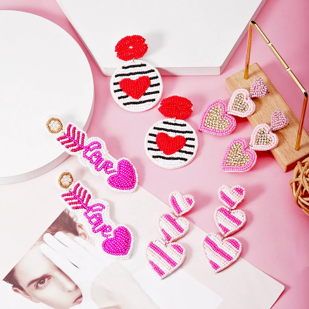 Wholesale Valentine's Day Pink Rice Pearl Knitted Love LOVE Earrings