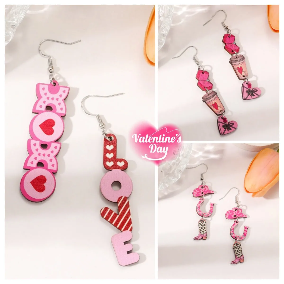 Wholesale Valentine's Day Pink Series Love Coffee Cup Personalized Western Cowboy Style Wood Earrings