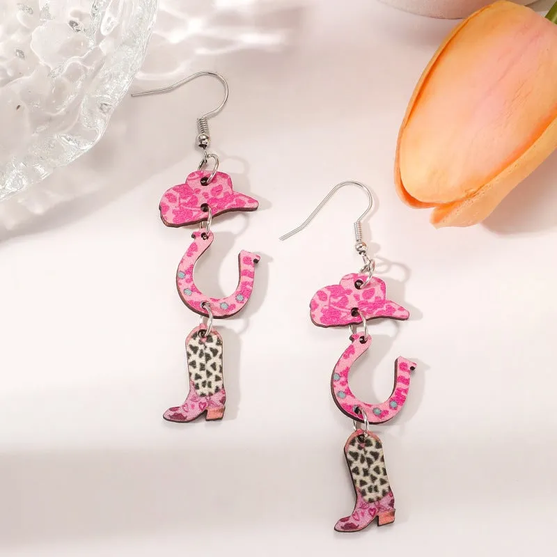Wholesale Valentine's Day Pink Series Love Coffee Cup Personalized Western Cowboy Style Wood Earrings