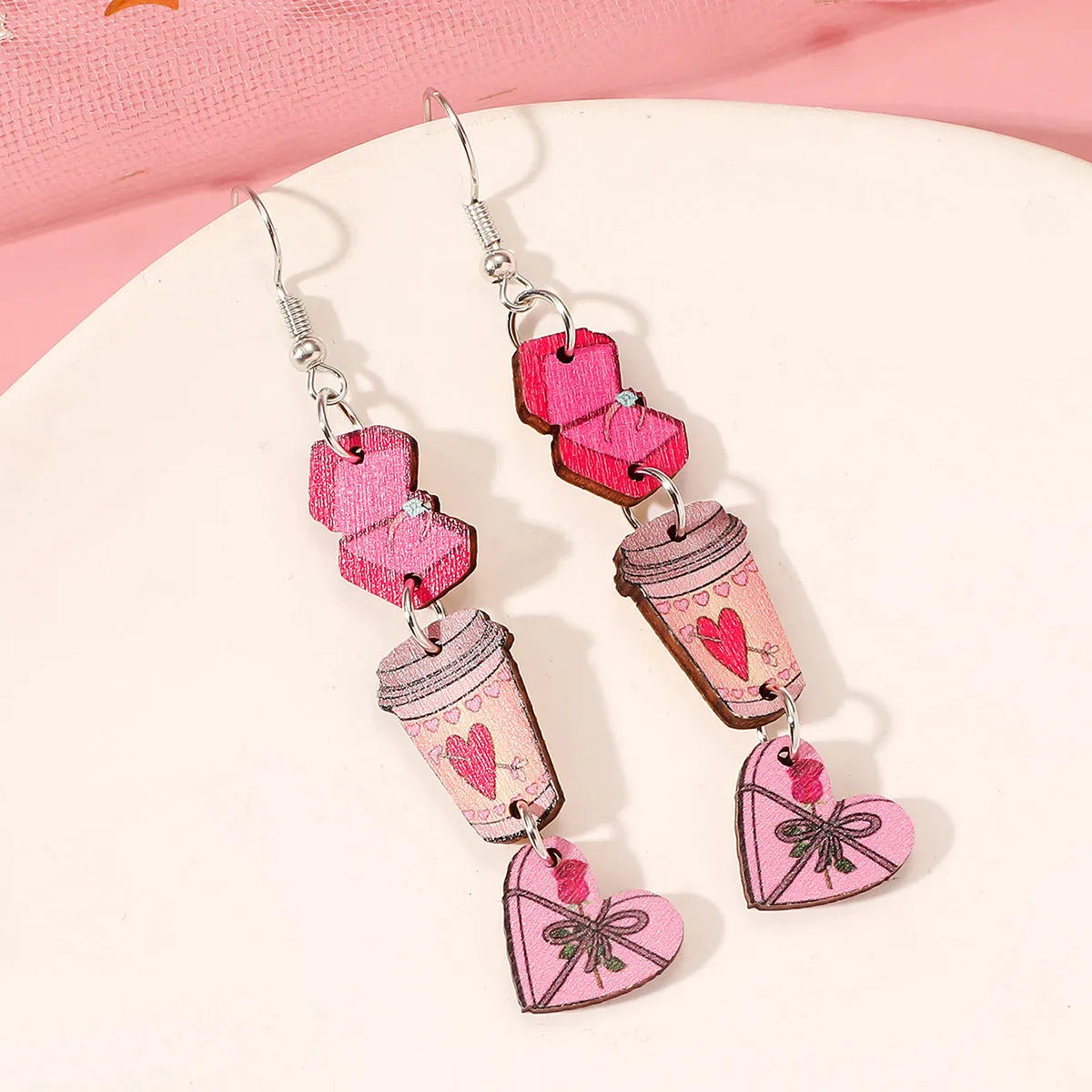 Wholesale Valentine's Day Pink Series Love Coffee Cup Personalized Western Cowboy Style Wood Earrings