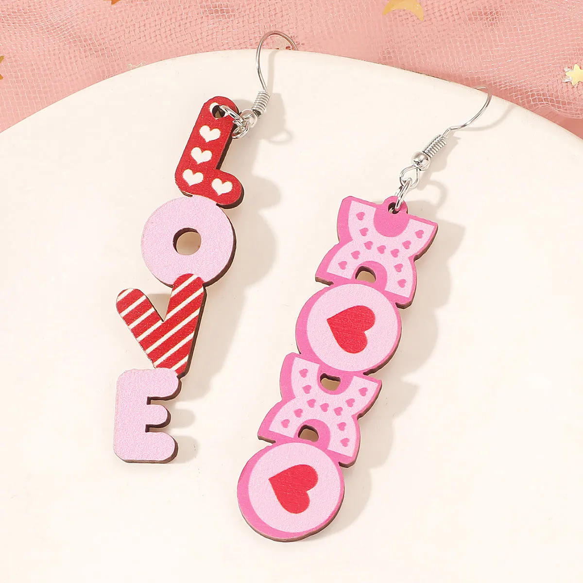 Wholesale Valentine's Day Pink Series Love Coffee Cup Personalized Western Cowboy Style Wood Earrings
