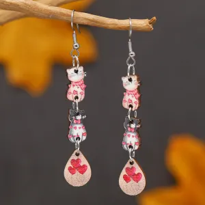 Wholesale Valentine's Day Printed Kitten Water Droplets Wooden Earrings