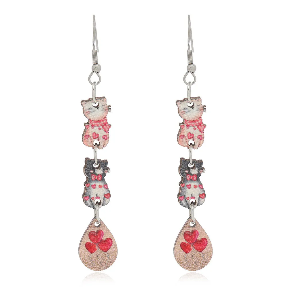 Wholesale Valentine's Day Printed Kitten Water Droplets Wooden Earrings