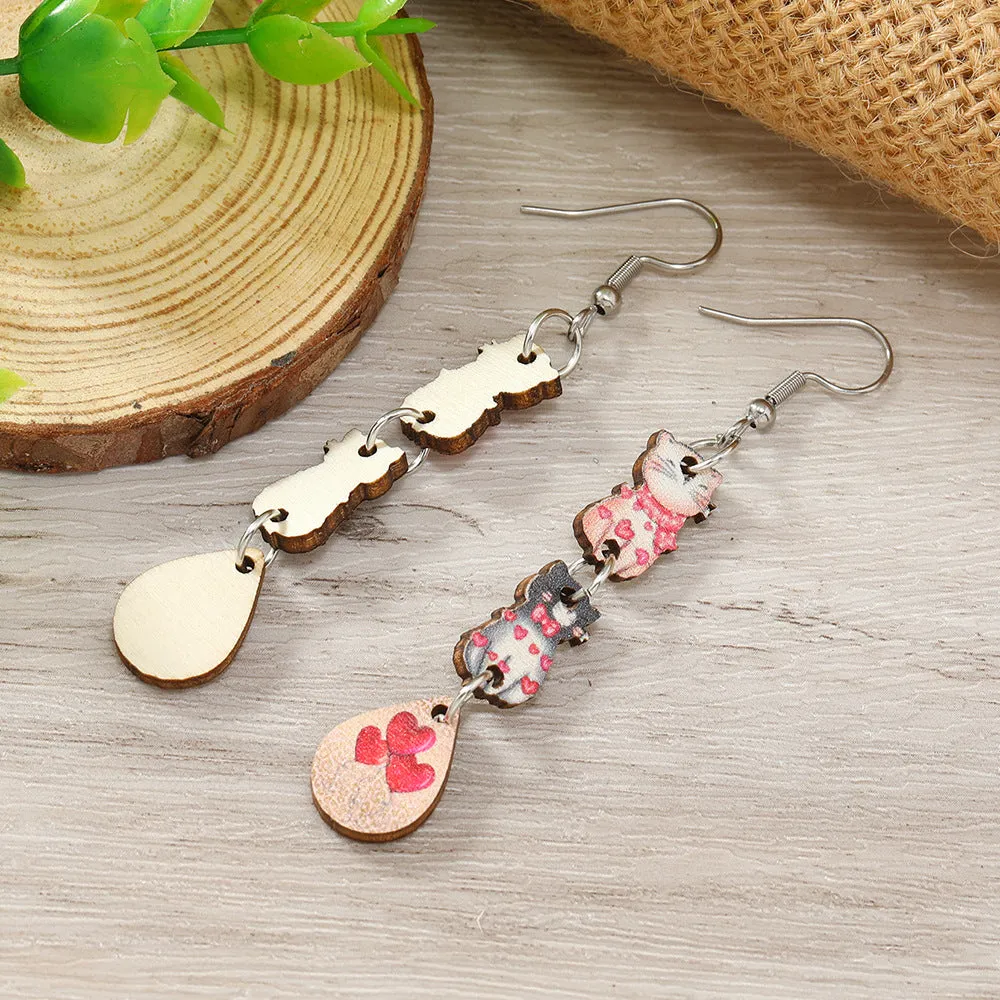 Wholesale Valentine's Day Printed Kitten Water Droplets Wooden Earrings