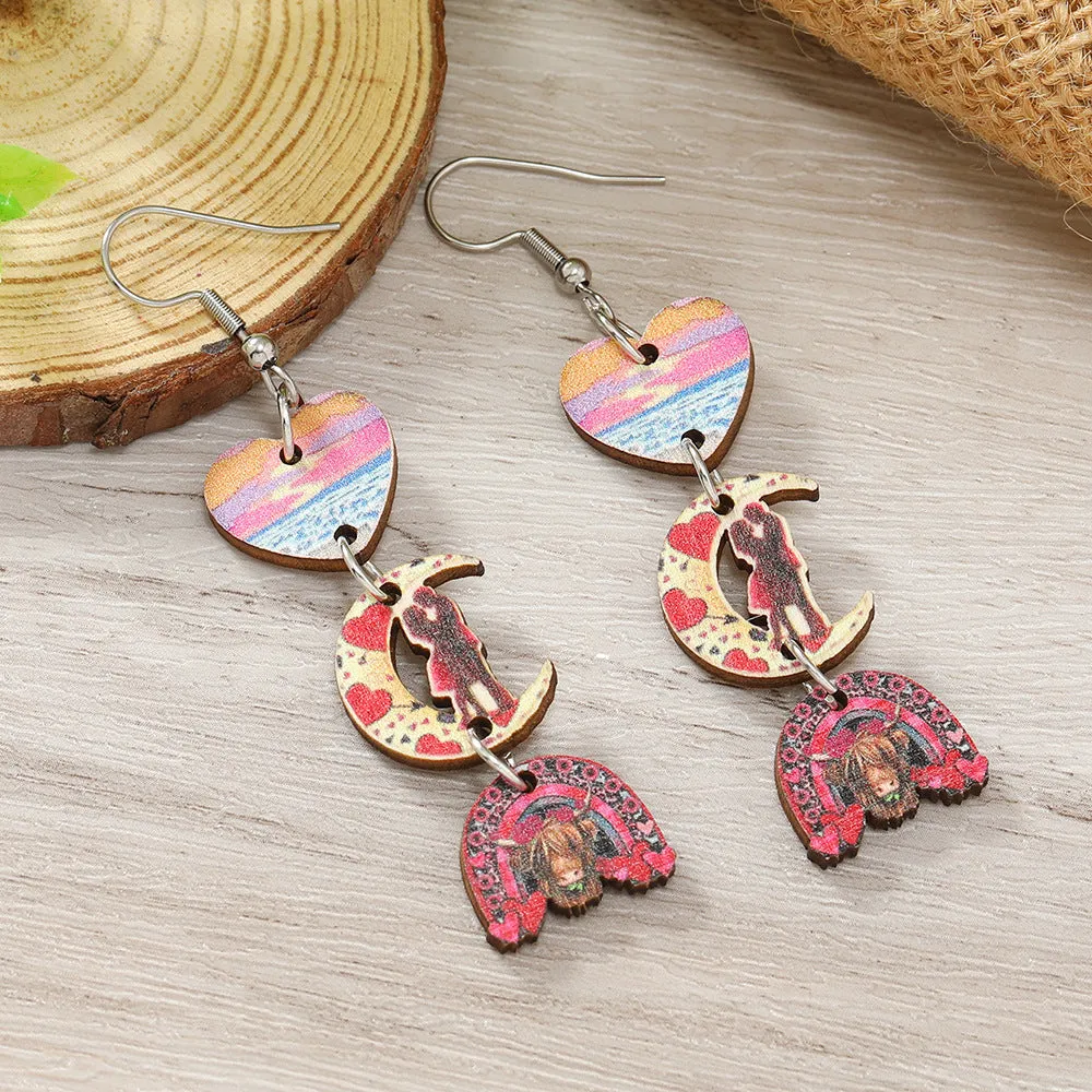 Wholesale Valentine's Day Printed Love Moon Wooden Earrings