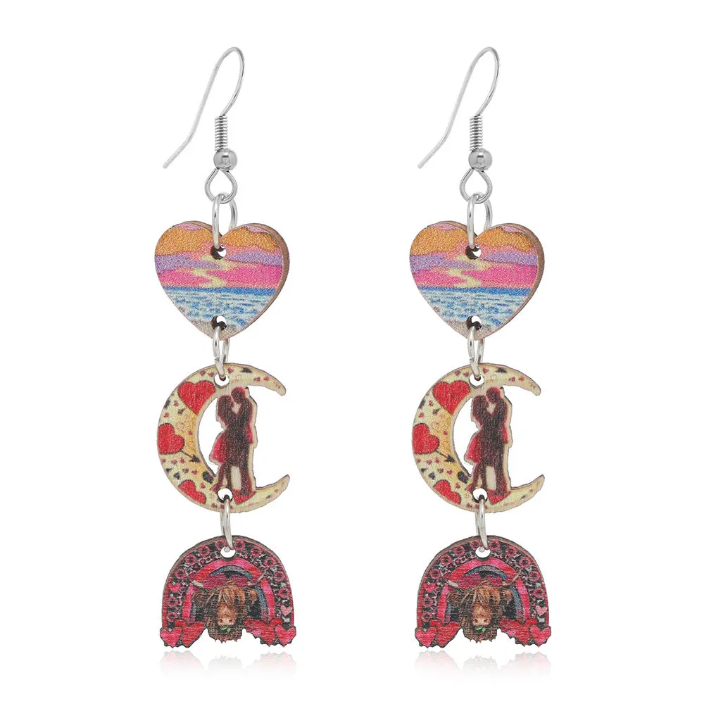 Wholesale Valentine's Day Printed Love Moon Wooden Earrings