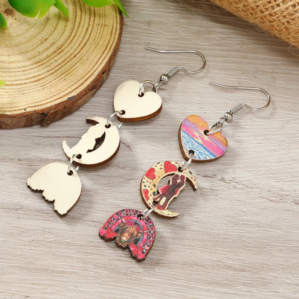 Wholesale Valentine's Day Printed Love Moon Wooden Earrings