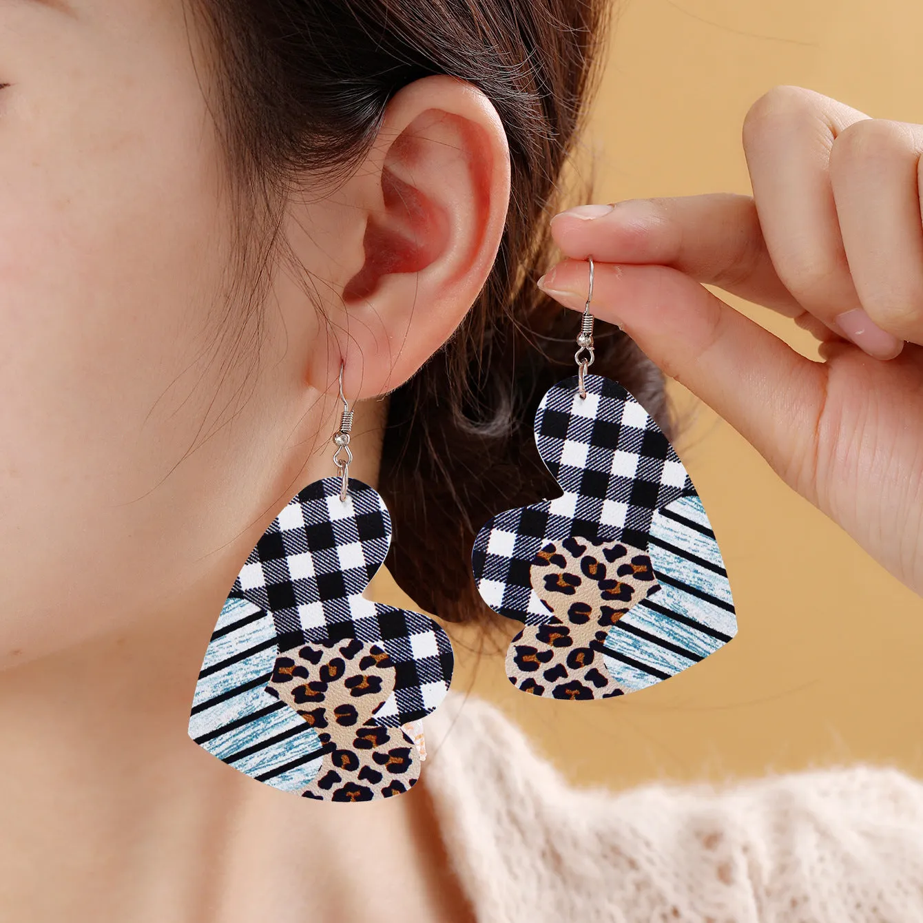 Wholesale Valentine's Day Red and Black Plaid Stripe Tie Dyed Leopard Heart Double Sided Leather Earrings