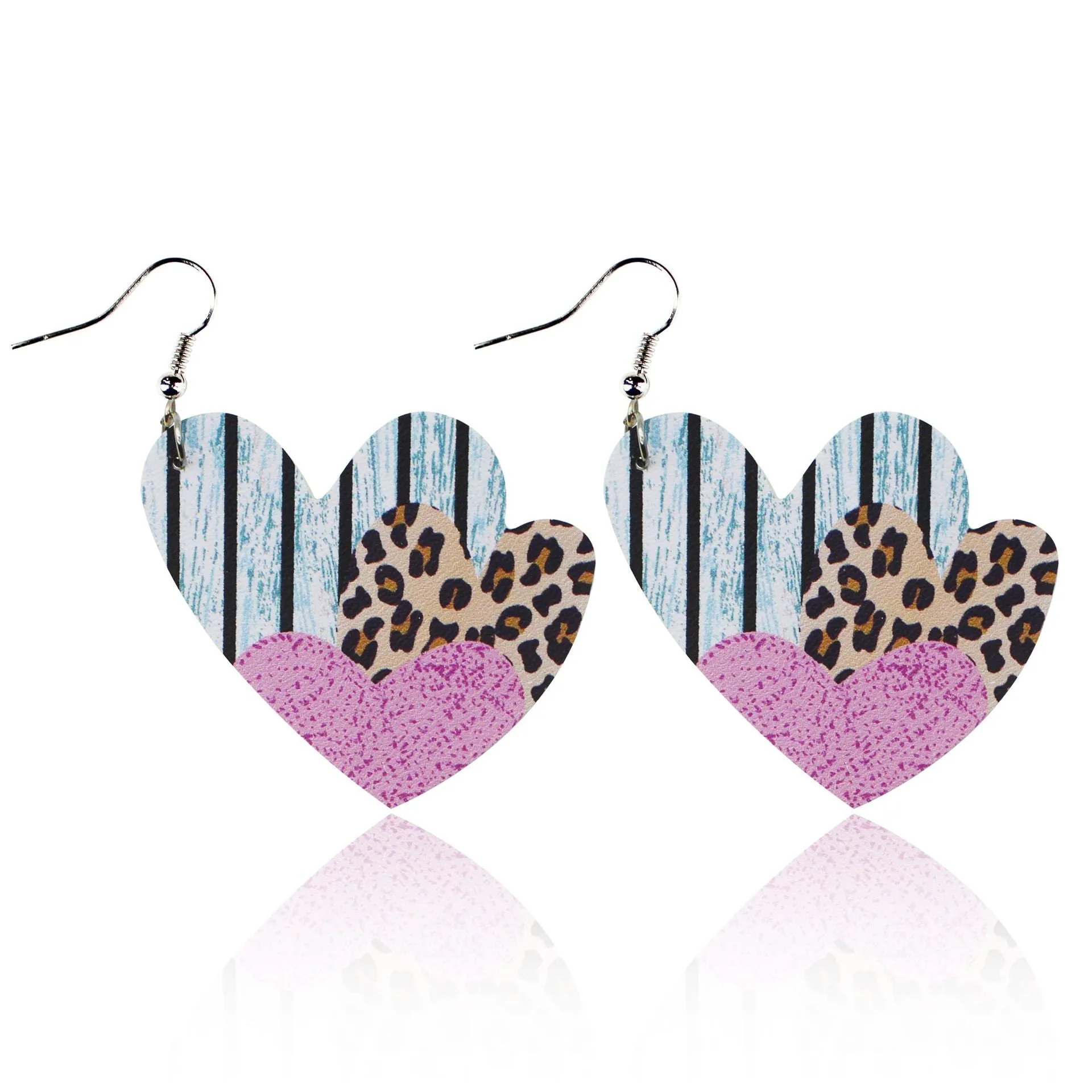 Wholesale Valentine's Day Red and Black Plaid Stripe Tie Dyed Leopard Heart Double Sided Leather Earrings