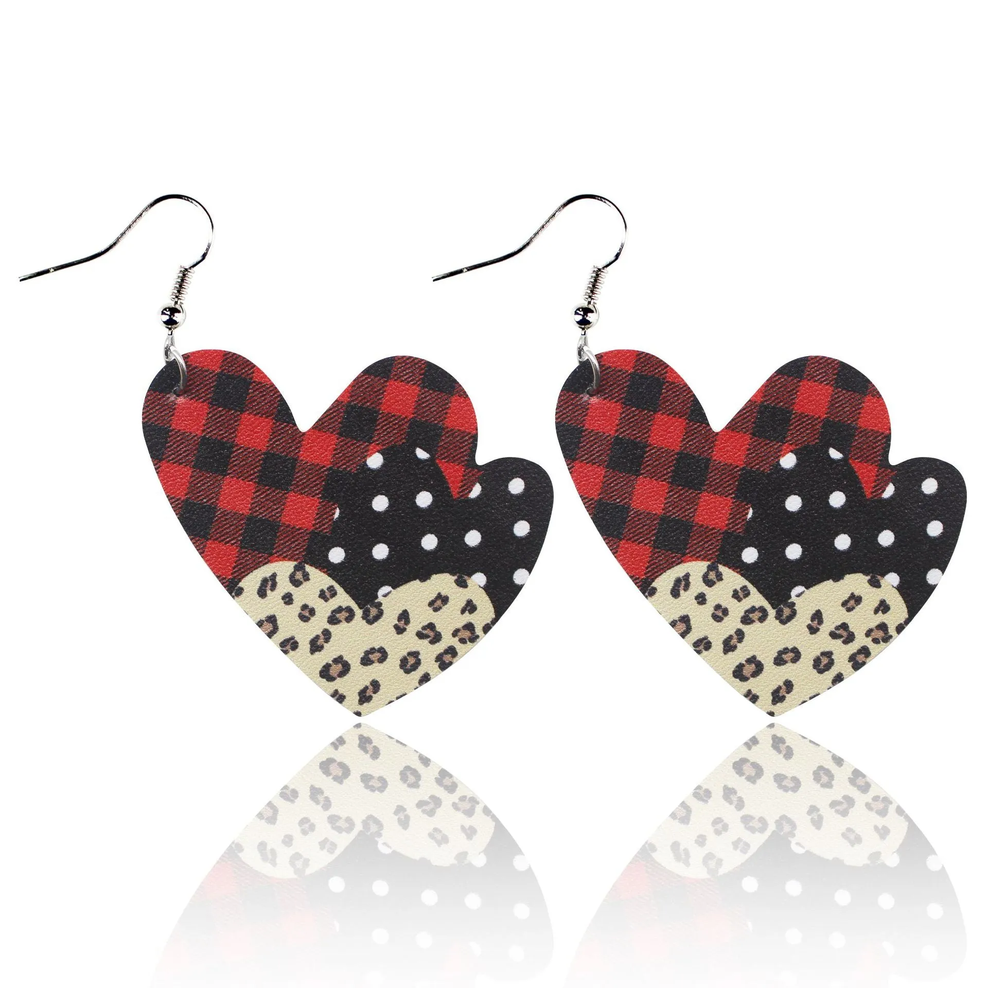 Wholesale Valentine's Day Red and Black Plaid Stripe Tie Dyed Leopard Heart Double Sided Leather Earrings