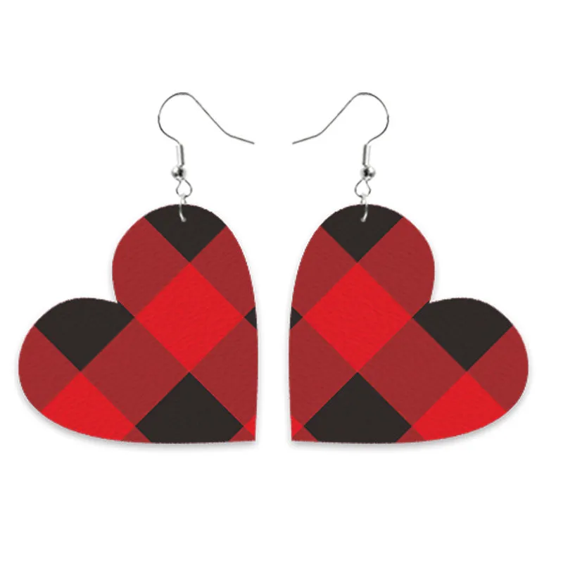 Wholesale Valentine's Day Red and Black Plaid Tie-dye Leopard Print Heart-shaped Leather Teardrop Earrings