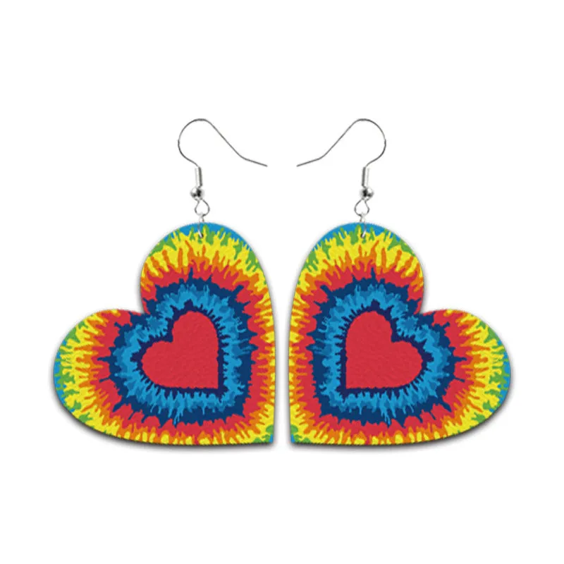 Wholesale Valentine's Day Red and Black Plaid Tie-dye Leopard Print Heart-shaped Leather Teardrop Earrings