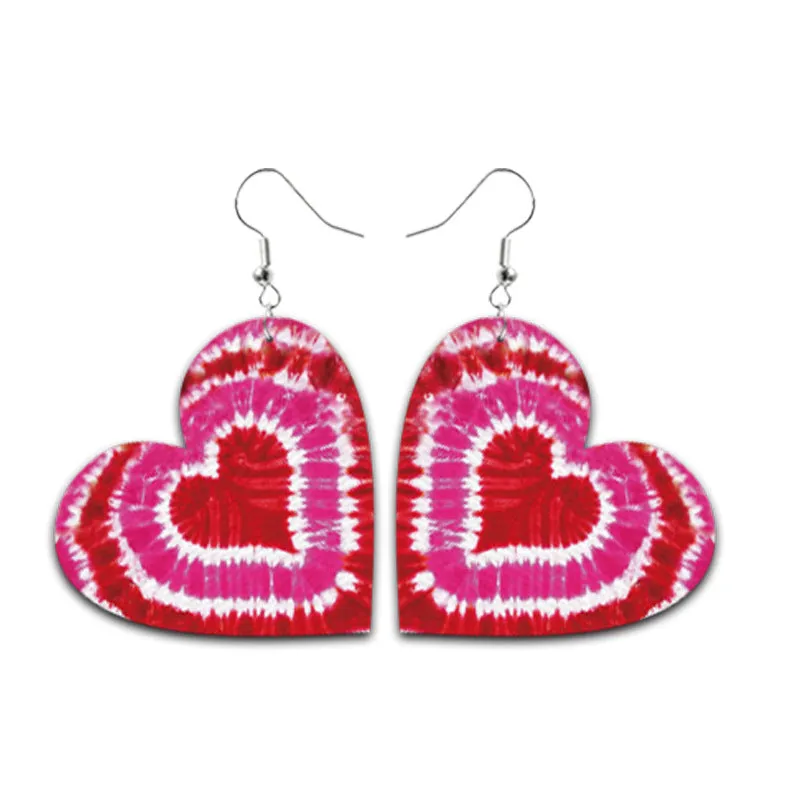 Wholesale Valentine's Day Red and Black Plaid Tie-dye Leopard Print Heart-shaped Leather Teardrop Earrings
