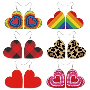 Wholesale Valentine's Day Red and Black Plaid Tie-dye Leopard Print Heart-shaped Leather Teardrop Earrings