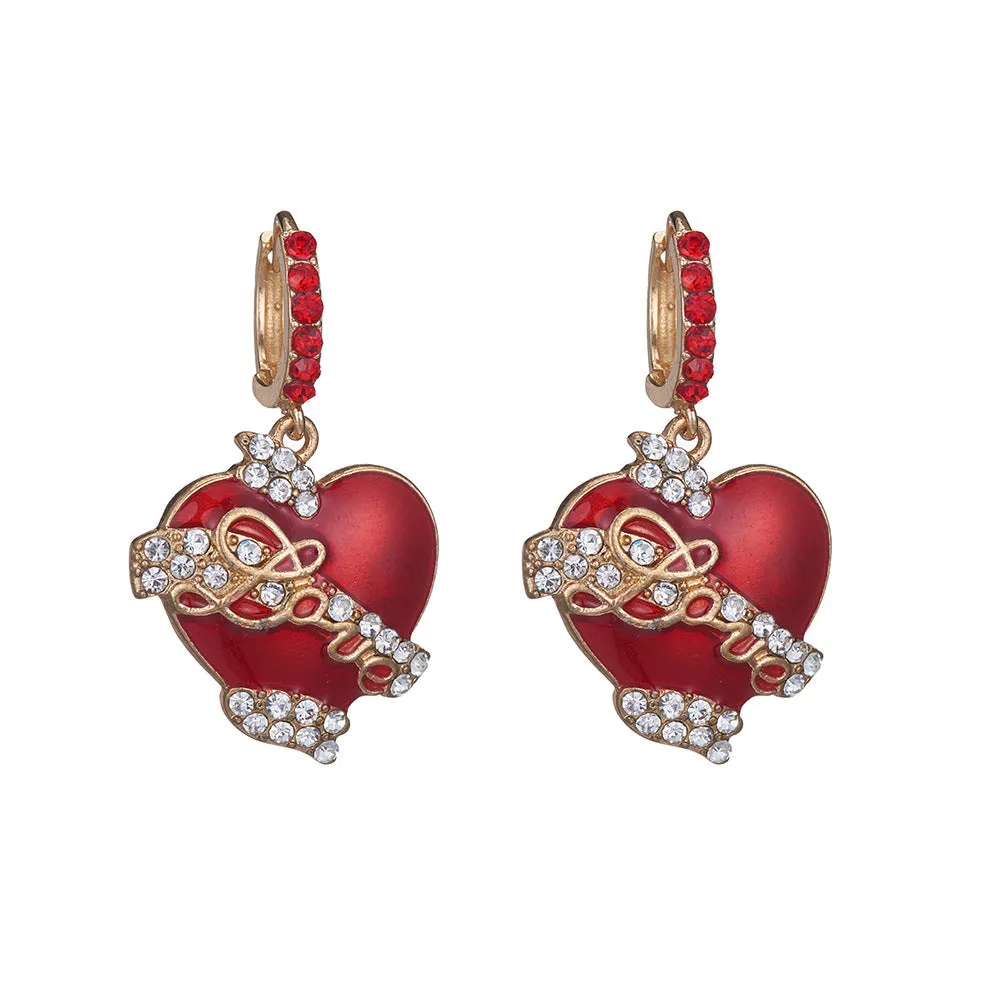 Wholesale Valentine's Day Red Diamond Studded Heart-shaped Alloy Earrings