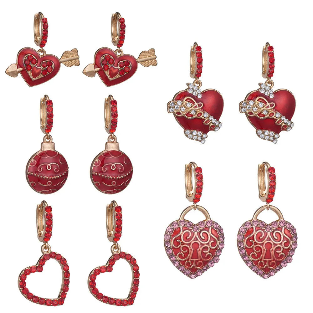 Wholesale Valentine's Day Red Diamond Studded Heart-shaped Alloy Earrings