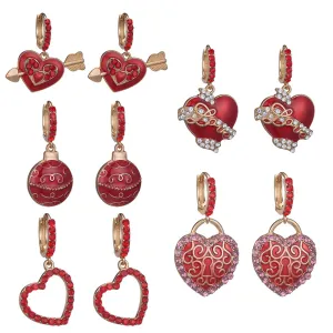 Wholesale Valentine's Day Red Diamond Studded Heart-shaped Alloy Earrings