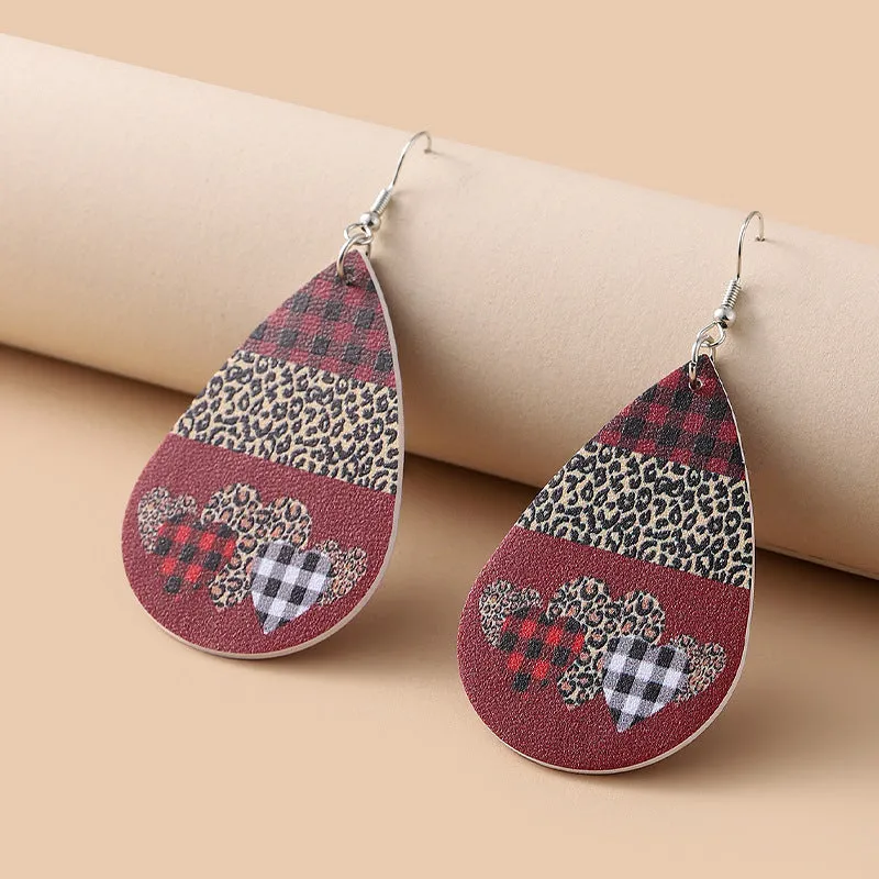 Wholesale Valentine's Day Red Plaid Peach Heart Leopard Leather Drop Earrings