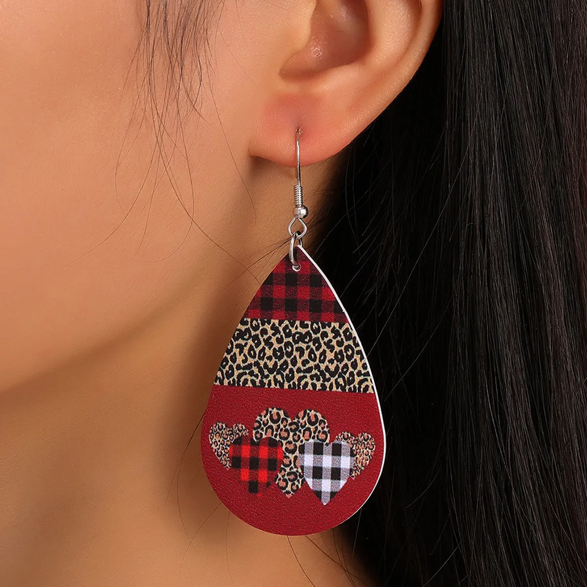 Wholesale Valentine's Day Red Plaid Peach Heart Leopard Leather Drop Earrings
