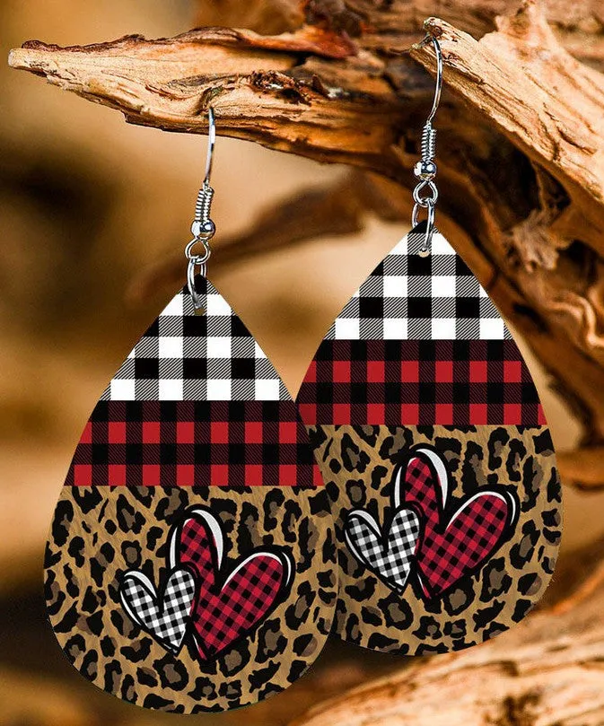 Wholesale Valentine's Day Red Plaid Peach Heart Leopard Leather Drop Earrings