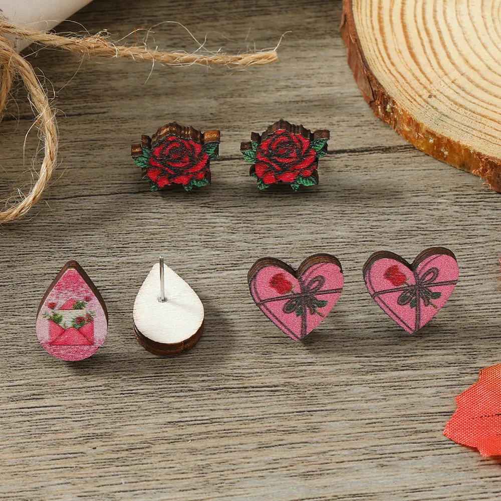 Wholesale Valentine's Day Rose Love Wooden Earpiece Set