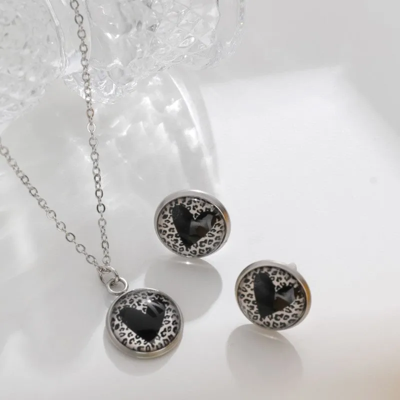 Wholesale Valentine's Day Round Leopard Print Love Earrings Necklace Set