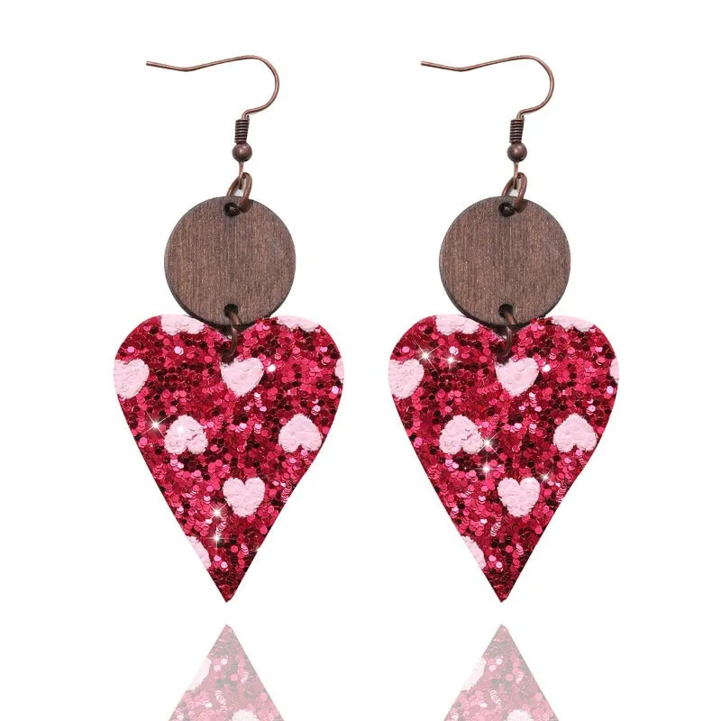 Wholesale Valentine's Day Sequin Particles, Heart-shaped Leather Wooden Block Earrings