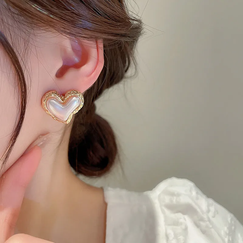 Wholesale Valentine's Day Silver Needle Fold Heart Pearl Earrings