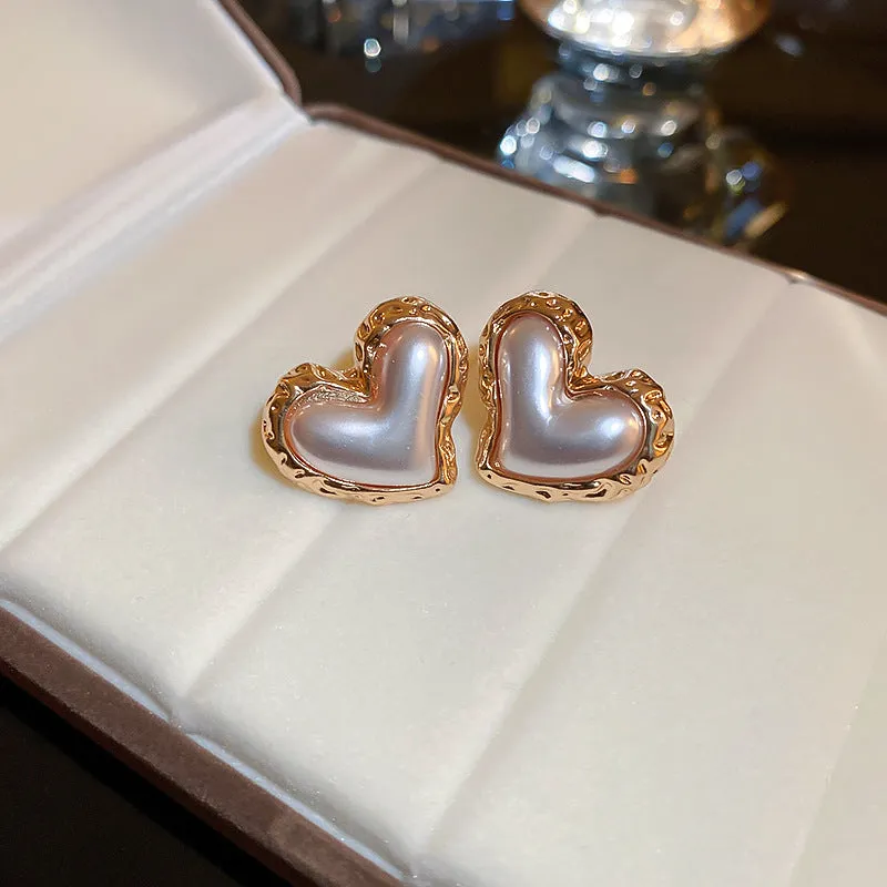 Wholesale Valentine's Day Silver Needle Fold Heart Pearl Earrings
