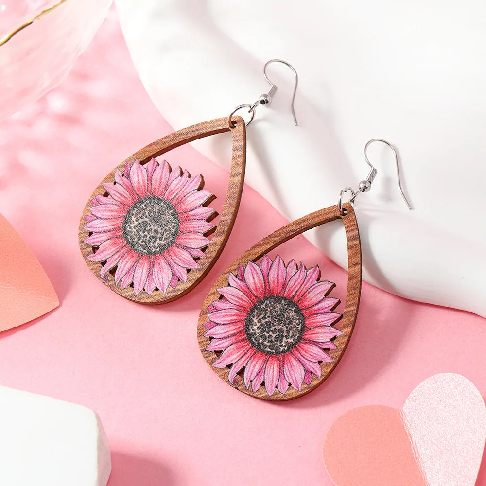 Wholesale Valentine's Day Sunflower Balloon Droplet Shaped Pendant Wooden Earrings